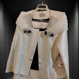 This is a white and black women's skirt suit,